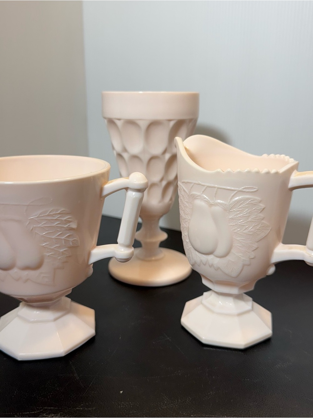 VTG Jeannette Baltimore Pear Shell Pink Milk glass Goblet w/Sugar & Creamer